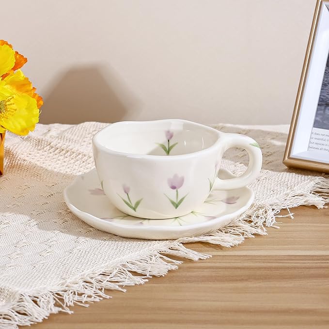 Koythin Ceramic Coffee Mug with Saucers, Handmade Flowers Mugs, Cute Cup for Girl Women, Aesthetic Tea Milk Cup with Handle, 8.5 oz/250 ml for Latte, Cocoa, Office, Home (Purple Tulip)