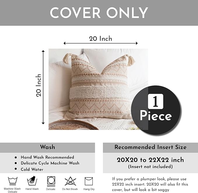 Decorative Throw Pillow Cover 20x20 Square Cream Neutral White Boho Accent Pillowcase Tassels Farmhouse Cushion for Couch Sofa Bedroom Living Room Home Décor (Cover ONLY, Pack of 1)