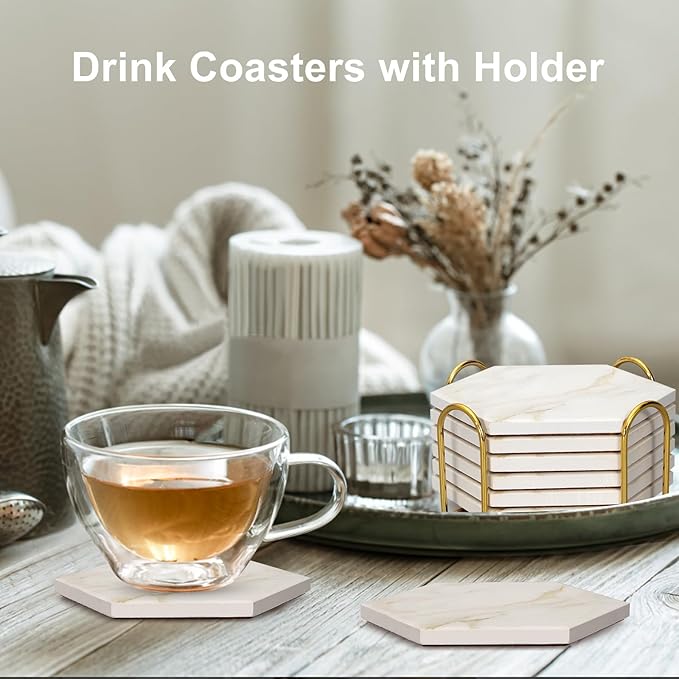 6Pcs White Marble Coaster Set with Holder Hexagon Ceramic Coasters Absorbent Coasters Drink Coasters Set for Coffee Table Bar Coasters Wine Coasters Modern Coasters Beer Coasters Cup Coasters