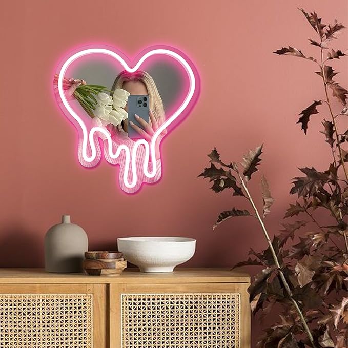 DECANIT Heart Neon Sign - Heart-Melting Wall Decor, USB Powered LED Light in Pink, 12"x12" Decorative Wall Mirror.Ideal for Bedroom, Girls Room, Party, Studio, Store Decor. Great Birthday Gifts