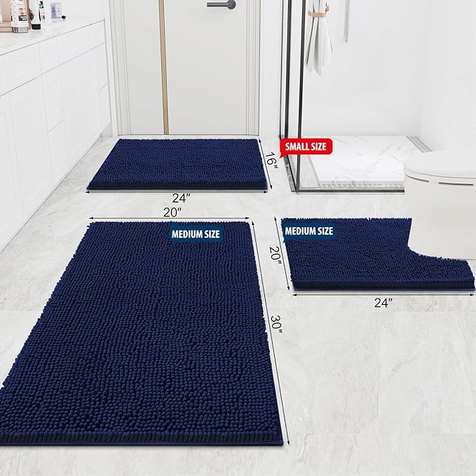 Smiry Luxury Chenille Bathroom Rugs 47x20, Extra Soft and Absorbent Shaggy Bath Mat, Machine Washable, Non-Slip Plush Carpet Runner for Tub, Shower, and Floor, Home Decor Accessories, Navy Blue
