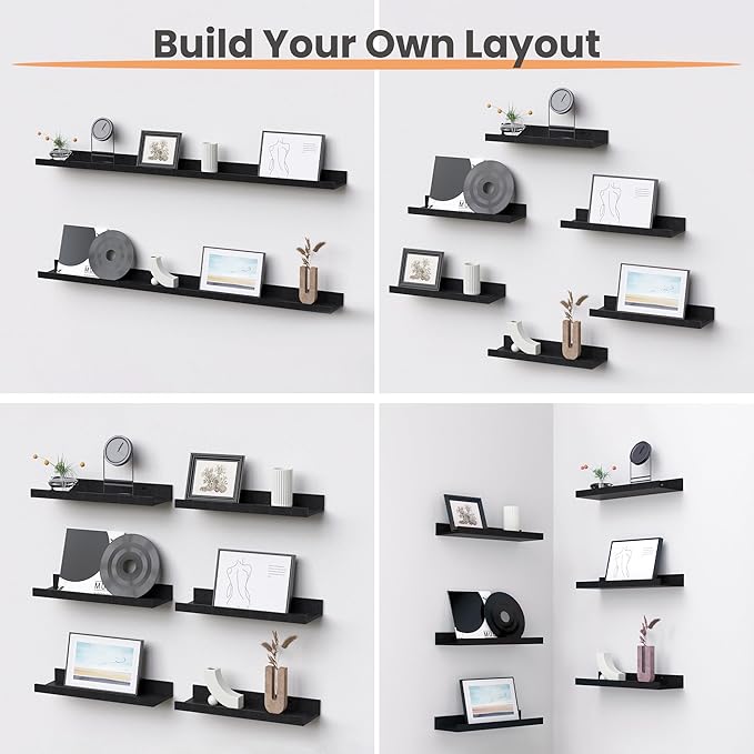 upsimples Floating Shelves for Wall, Wall Shelves for Decor Storage Set of 6, Wall Mounted Wood Shelves for Bedroom, Living Room, Bathroom, Kitchen, Picture Ledge Shelves, Black