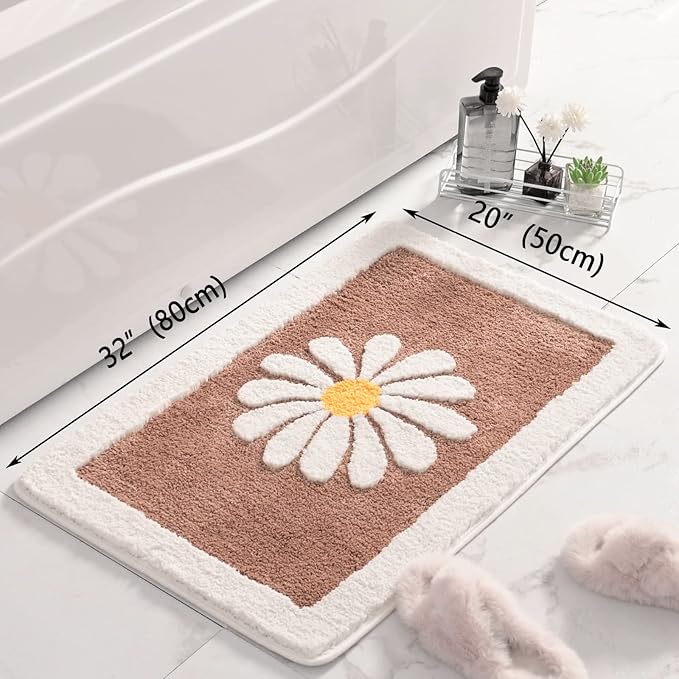 Bathroom Mat, White Flower Bath Rug, Soft Superfine Fiber, Non Slip, Machine Wash, Plush - Brown (20x32)