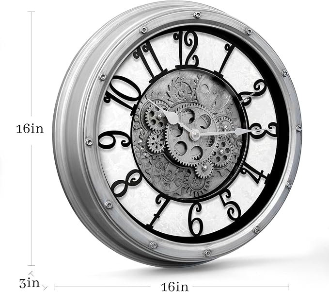 Wall Clock with Moving Gears, Vintage Industrial 16-Inch Silent Non-Ticking Steampunk Timepiece, Retro Frame Analog Battery Operated Rustic Mechanical Decor for Living Room, Home, Office, Loft(Sliver)