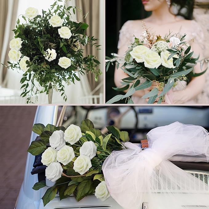 200PCS Milk White Artificial Flowers Roses Real Looking Foam Fake Roses with Leaves for DIY Wedding Bouquets Bridal Shower Party Decorations (Ivory, 200)