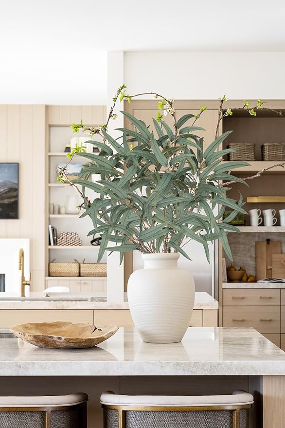 Briful Artificial Eucalyptus Willow Branches 33'' Tall Gray Fake Eucalyptus Stems Arrangement, Realistic Faux Greenery Stems, Indoor Plant, Home Housewarming Farmhouse Porch Vase Decor, Set of 6