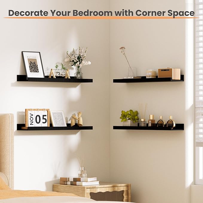 upsimples Floating Shelves for Wall, Wall Shelves for Decor Storage Set of 6, Wall Mounted Wood Shelves for Bedroom, Living Room, Bathroom, Kitchen, 23.6 inch Long Picture Ledge Shelves, Black