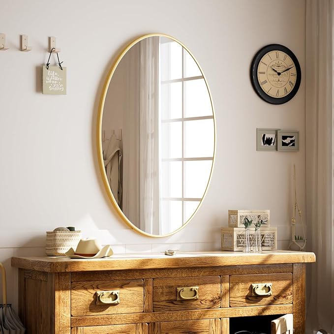 Gold Oval Bathroom Mirror, 26 x 38 inch Modern Oval Wall Mounted Vanity Mirror with Tempered Glass Hanging Horizontally or Vertically, Gold