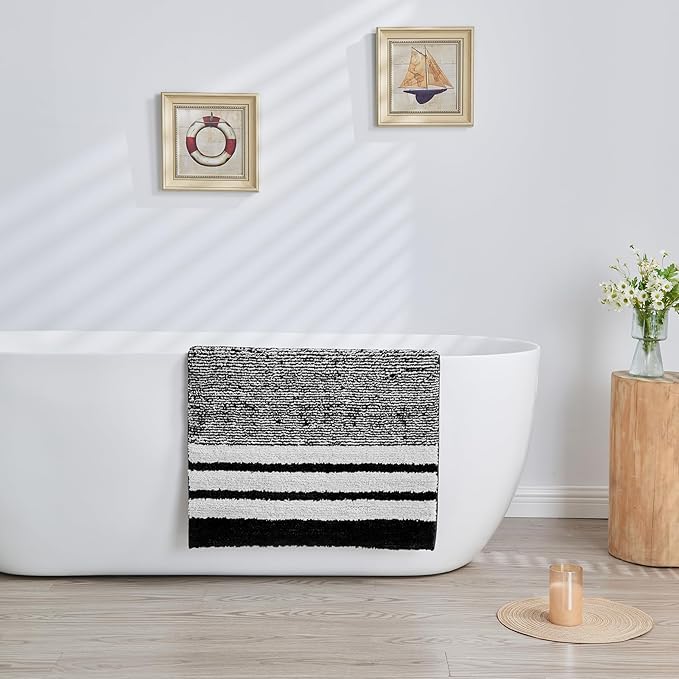 CozeCube Black Striped Bath mats for Bathroom Non Slip, Fluffy Absorbent Microfiber Bath mat Washable, Aesthetic Bathroom Rugs, Large Bath mat for Sink, 36" x 24"