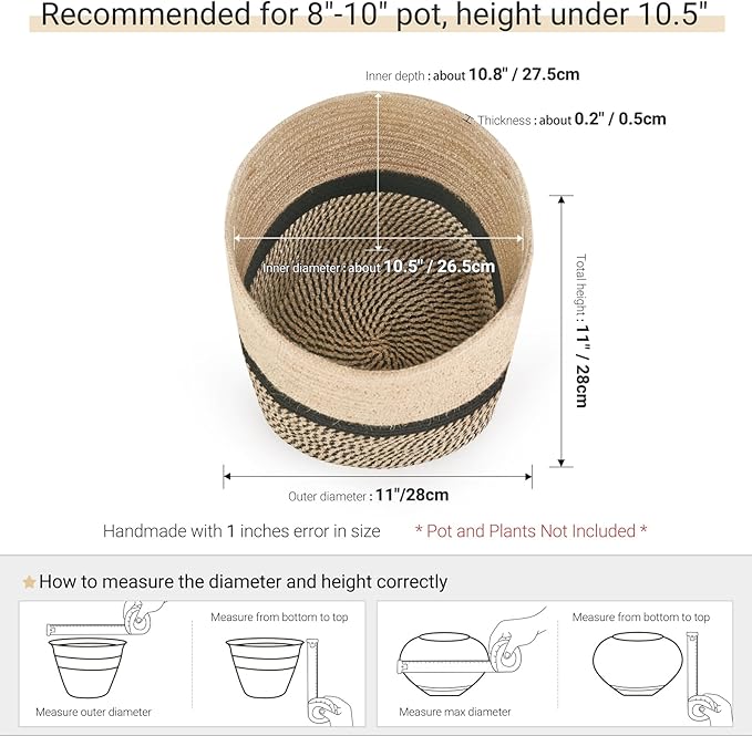 Dahey Jute Rope Plant Basket Modern Woven Storage Basket for 10" Indoor Planter, Decorative Flower Pots Cover Laundry Bin with Handle Rustic Home Decor, Black