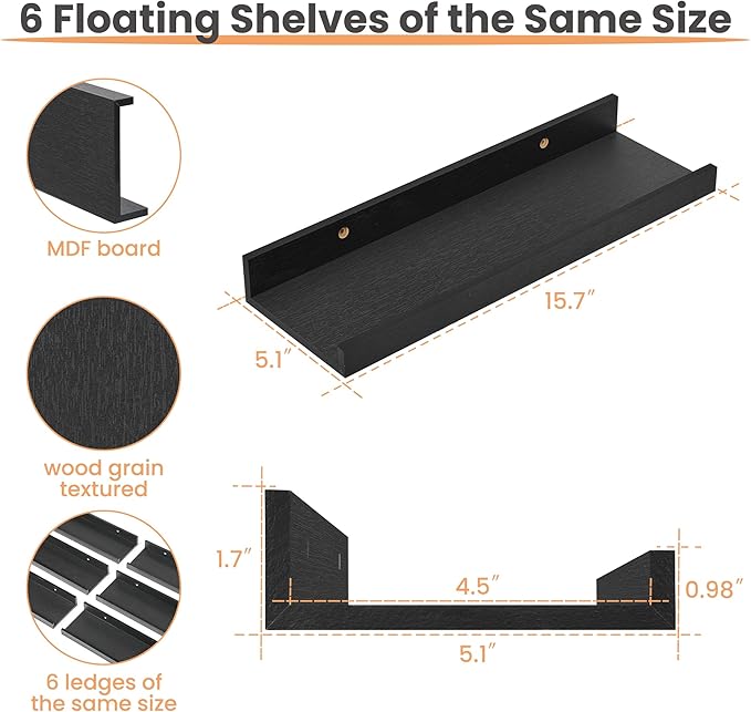 upsimples Floating Shelves for Wall, Wall Shelves for Decor Storage Set of 6, Wall Mounted Wood Shelves for Bedroom, Living Room, Bathroom, Kitchen, Picture Ledge Shelves, Black