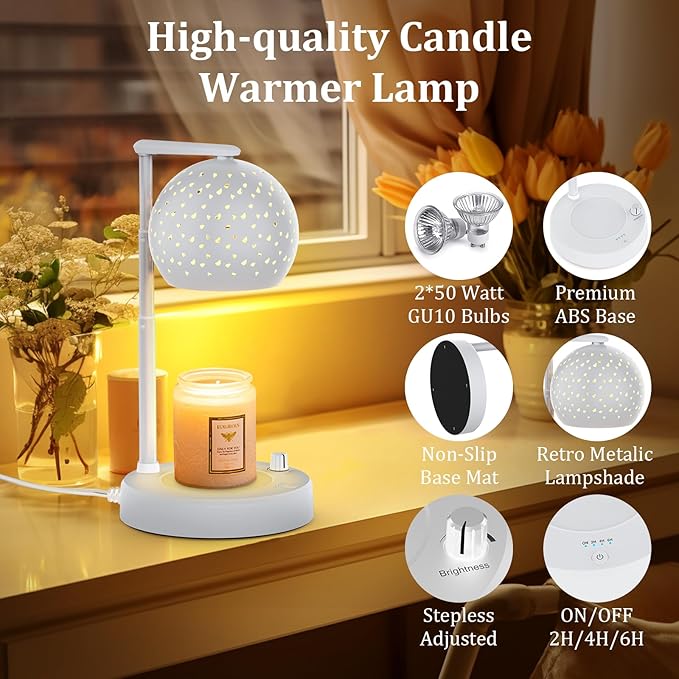 Candle Warmer Lamp with Timer and Dimmer, Gifts for Mom Women, Mothers Day Gifts Housewarming New Home Room Decor, Electric Wax Melt with 2 Bulbs, White
