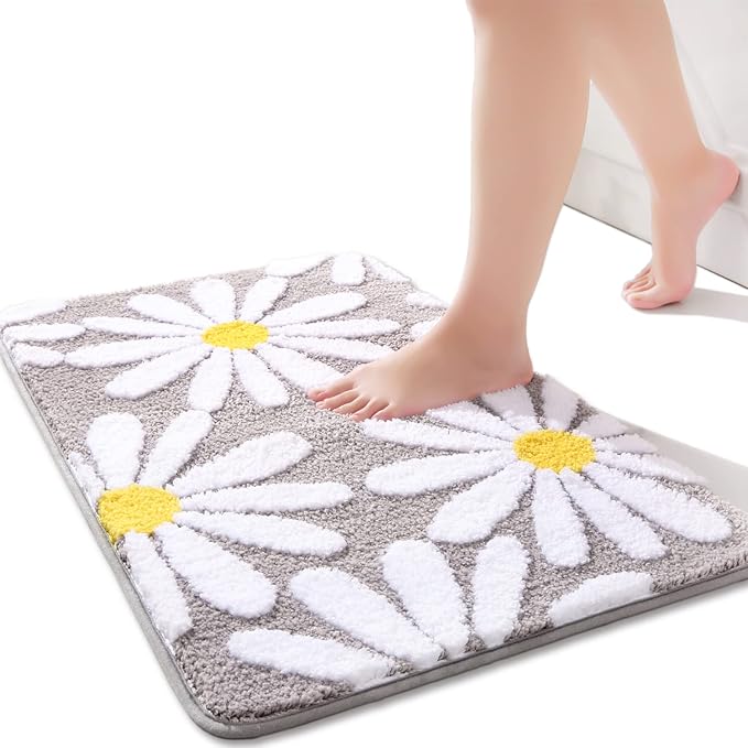 QJHOMO Gray Bathroom Rugs Cute Daisy Bath Mat White and Yellow Flower Decor Rug Non Slip Floor Carpet Microfiber Bathmat Super Absorbent Machine Washable Bathtub Mats for Shower (20x32 inch)