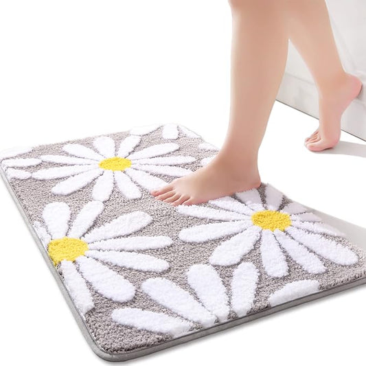 QJHOMO Gray Bathroom Rugs Cute Daisy Bath Mat White and Yellow Flower Decor Rug Non Slip Floor Carpet Microfiber Bathmat Super Absorbent Machine Washable Bathtub Mats for Shower (20x32 inch)