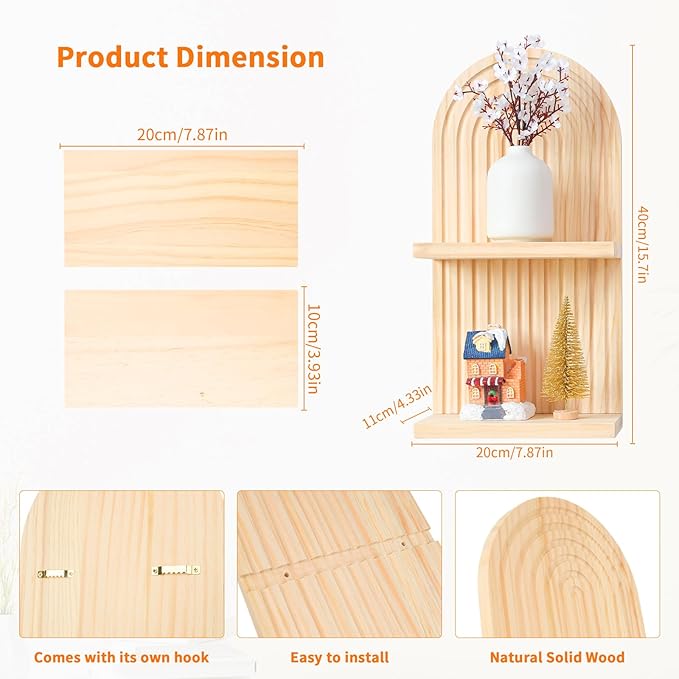 YIYA 2 Pcs Boho Wooden Rainbow Wall Shelves Floating Shelves for Wall Rainbow Arch Boho Floating Shelves Modern Boho Wall Shelf for Living Rooms Bathroom Display