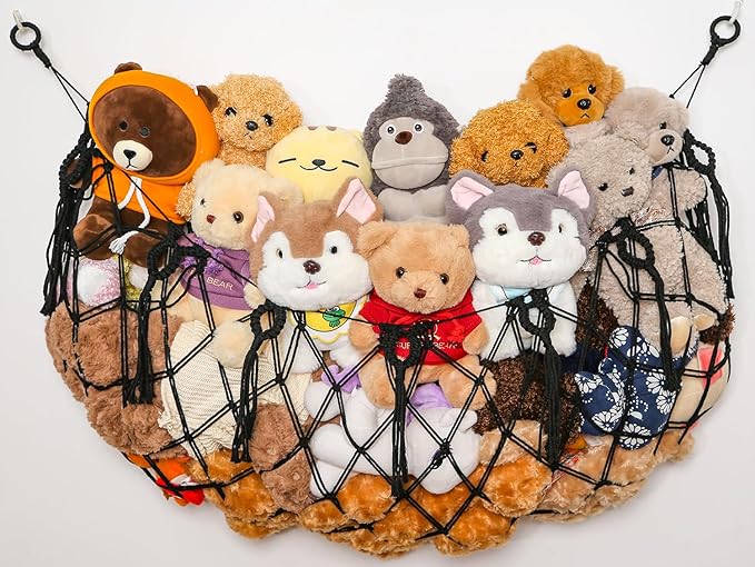 Large Stuffed Animal Net Hammock Macrame Toy Diaplay Plush Toy Holder Ceiling Hanging Net for Stuffed Animal Storage Kid Bedroom Boho Nursery Decor (Black, Small)