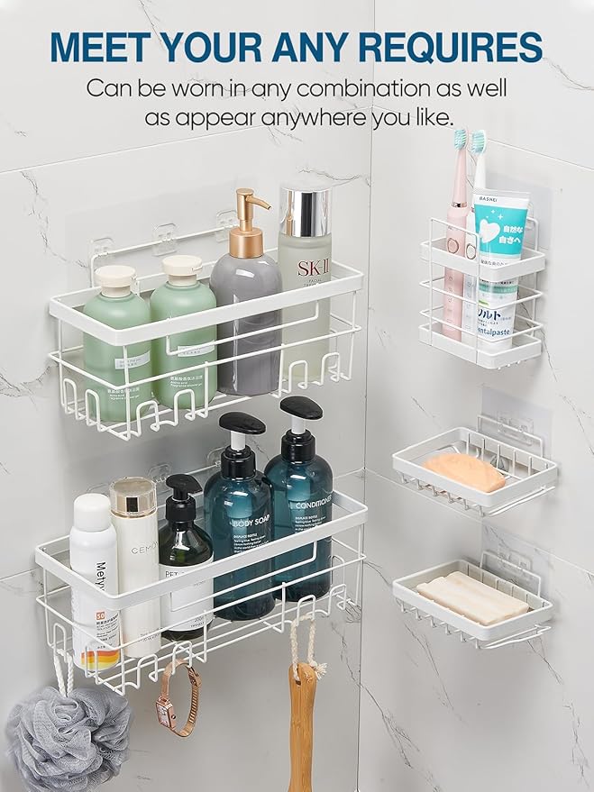 Cobbe Adhesive Shower Caddy 5-Pack, Large Wall Mounted Shower Shelves Rack, Organizer Storage Accessories with Soap Dish&Toothbrush Holder, Shelves for Bathroom Storage & Home Kitchen Decor, White
