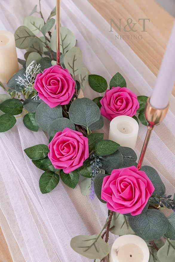 N&T NIETING Artificial Flowers, Foam Roses Perfect for DIY Wedding Bridal Bouquets Centerpieces Bridal Shower Party Home Flower Arrangement Decor 25Pcs, Hot Pink