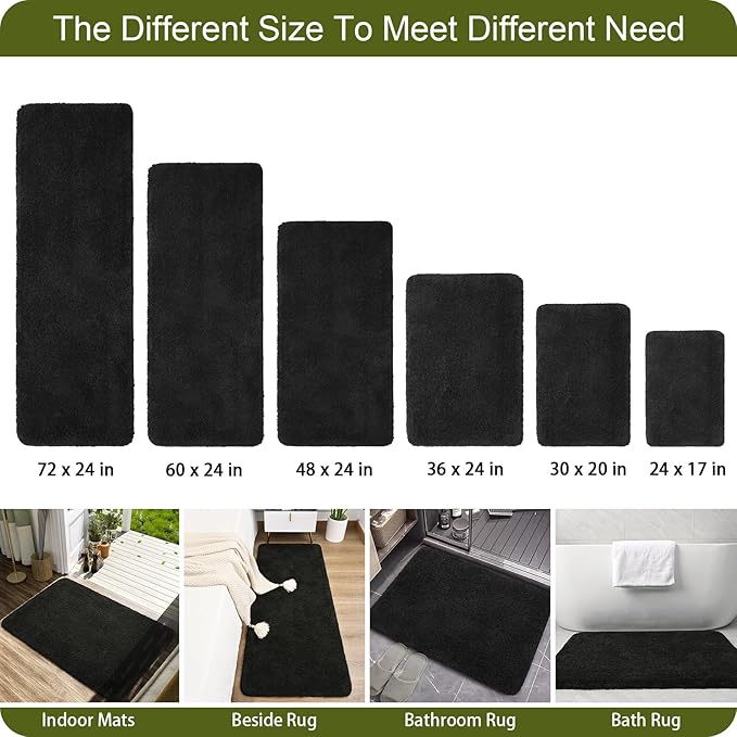 AROGAN Luxury Non Slip Bathroom Rug, Thick Soft and Absorbent Microfiber Bath Mat, Rubber Backing Quick Dry Rugs Carpets, Machine Washable Plush Mats for Shower Floor, Bathroom, 24x72 Inch Black