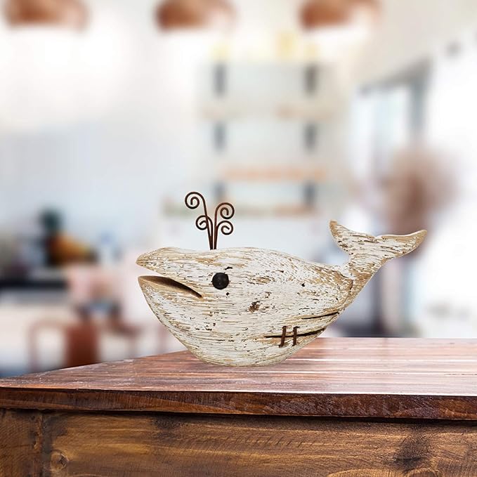 E-view Wood Whale Statue Wooden Nautical Decor for Home - Antique Fish Figures Decoration Animal Statues Beach Themed Wall Art (Whale Figurine)