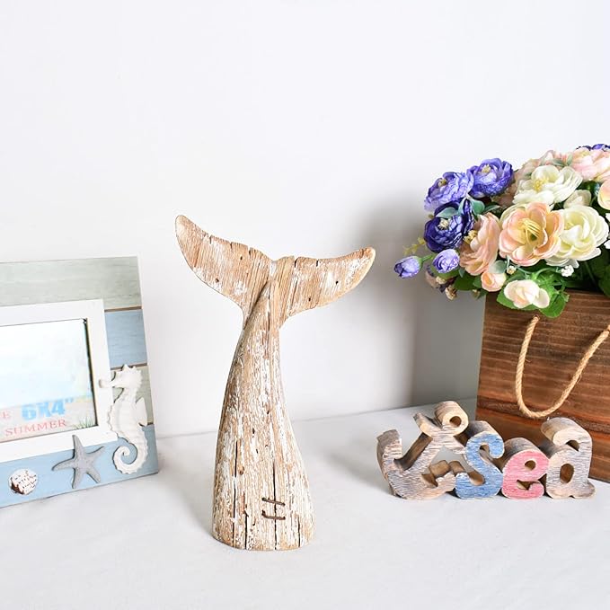 Morning View Whale Tail Decor Tabletop Nautical Decor Wood Whale Sculpture Rustic Whale Tail Statue Carved Figurine Coastal Home Beach House Decor Ocean Mediterranean for Shelf Bathroom 8.5 Inch Tall