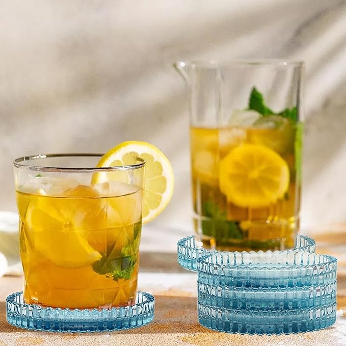 Modern Clear Coaster Set of 8- Glass Coasters for Drinks Crystal Coasters Round Cup Coasters Coffee Table Decor for Office, Kitchen, Bar, Dining Room, Living Room, Patio(Clear Blue)