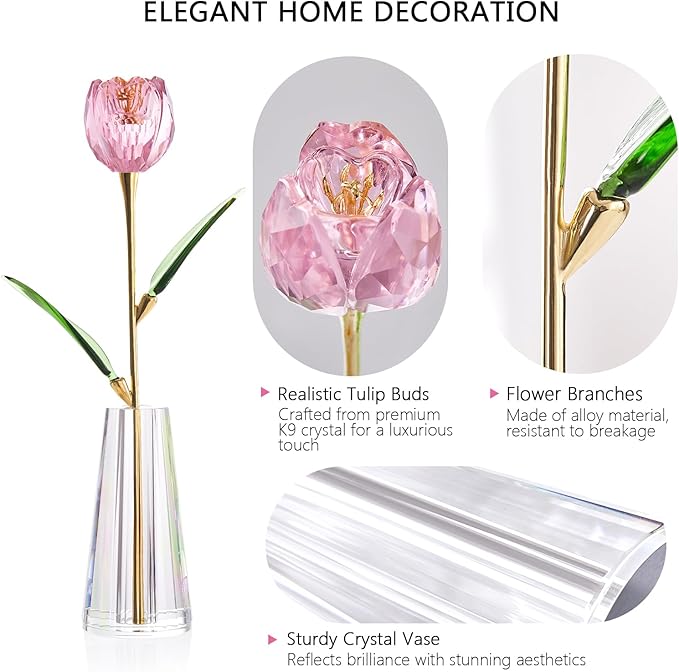 Crystal Tulip Flowers Figurine Collectible- Glass Flowers with Vase,Glass Flower Bouquet Paperweight,Gift for Anniversary Wedding Centerpiece Ornament(Pink)