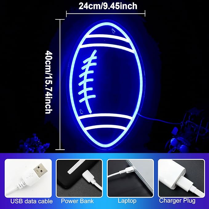 Football Neon Sign for Wall Decor, Blue Football-Shaped Neon Light, USB Operated Rugby Led Neon Lights for Man Cave, Football Decorations for Party
