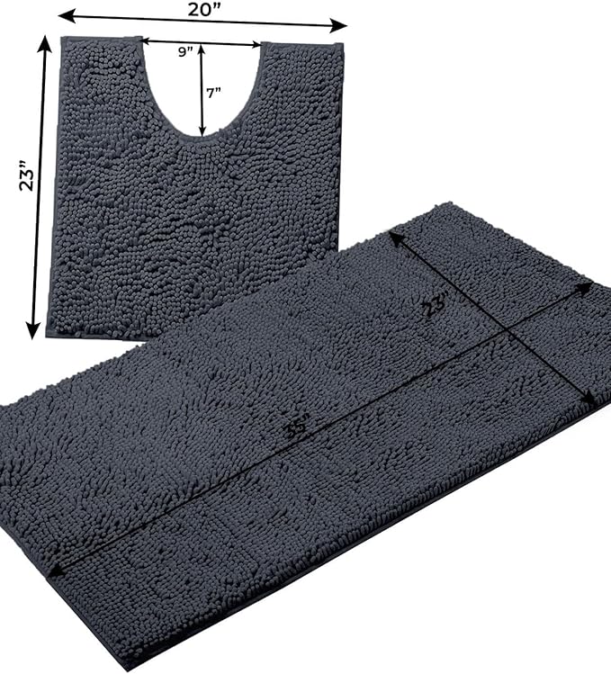 Bathroom Rugs Sets 2 Piece, Luxury Chenille Bath Mat Set, Soft Plush Anti-Slip Bath Rug + U-Shaped Toilet Mat. Microfiber Shaggy Carpet, Super Absorbent (24” x 36” & 20” x 24” U, Charcoal)