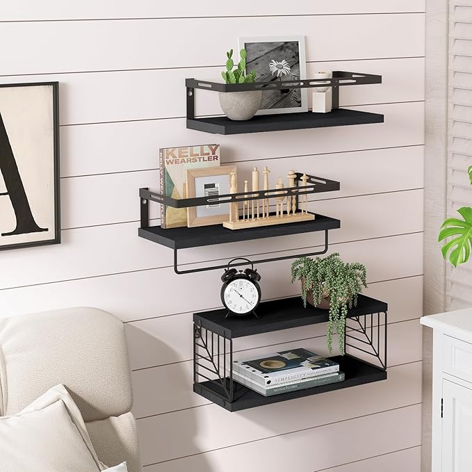 Fixwal 3+1 Tier Wall Mounted Bathroom Shelves Over Toilet, Rustic Wood Floating Shelves with Metal Frame and Towel Bar for Bathroom, Kitchen, Bedroom, Living Room (Black)