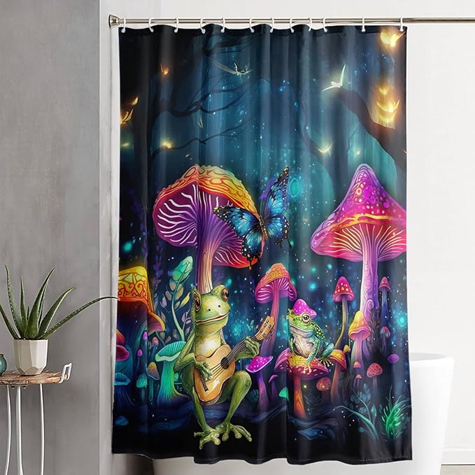 AILONEN Cartoon Frog Shower Curtain,Guitar Frog Fabric Shower Curtains for Bathroom,Magic Mushroom Weighted Polyester Cloth Bath Curtain Set,Mysterious Butterfly Bathroom Curtain,60" W*72" H