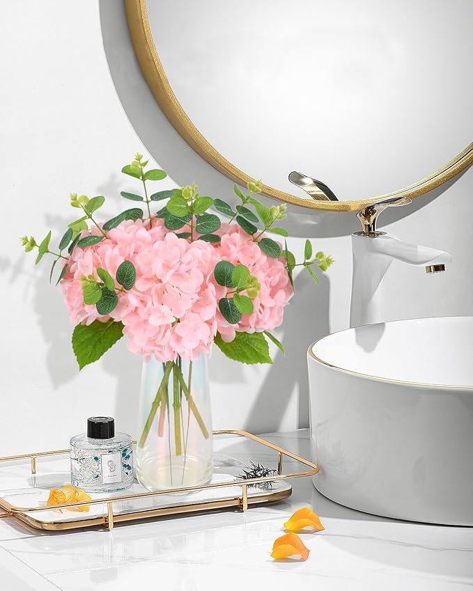 Tifuly Fake Hydrangea Artificial Flowers with Vase 4pcs Real Touch Faux Hydrangea with 3pcs Eucalyptus Stems for Wedding Centerpiece Home Party Table Decoration(Pink)