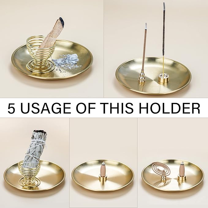 ZenBless 5 in 1 Incense Burner, Palo Santo Holder, Sage Holder, Incense Holder for Incense Sticks/Coil Incense/Incense Cones, 5.5 inches Brass Ash Catcher for Meditation Yoga Room (Gold_2pcs)
