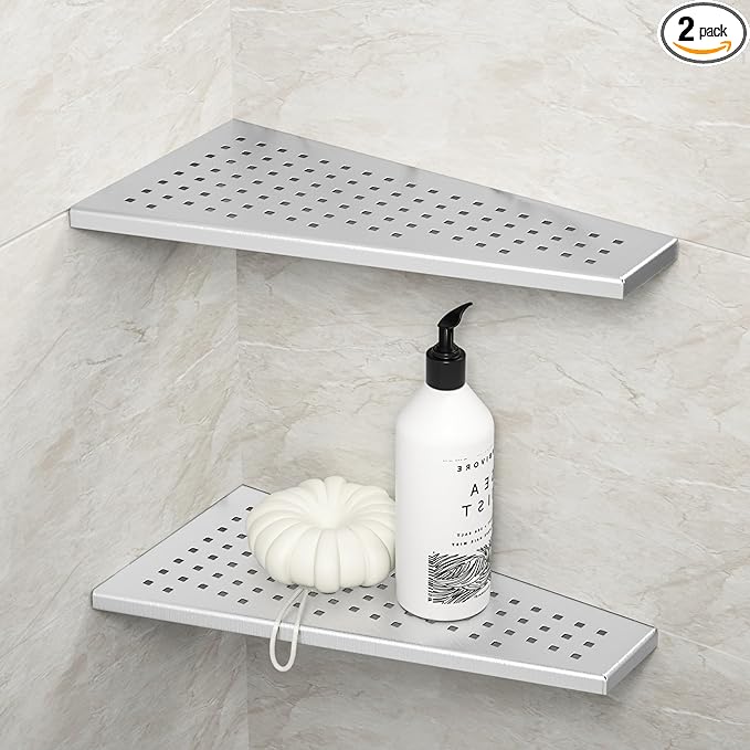 Corner Shower Shelf, 12" Trapezoid Floating Shelf, 304 Stainless Steel Grid Design Recessed Bathroom Shelf for Tiled Wall, No Drilling