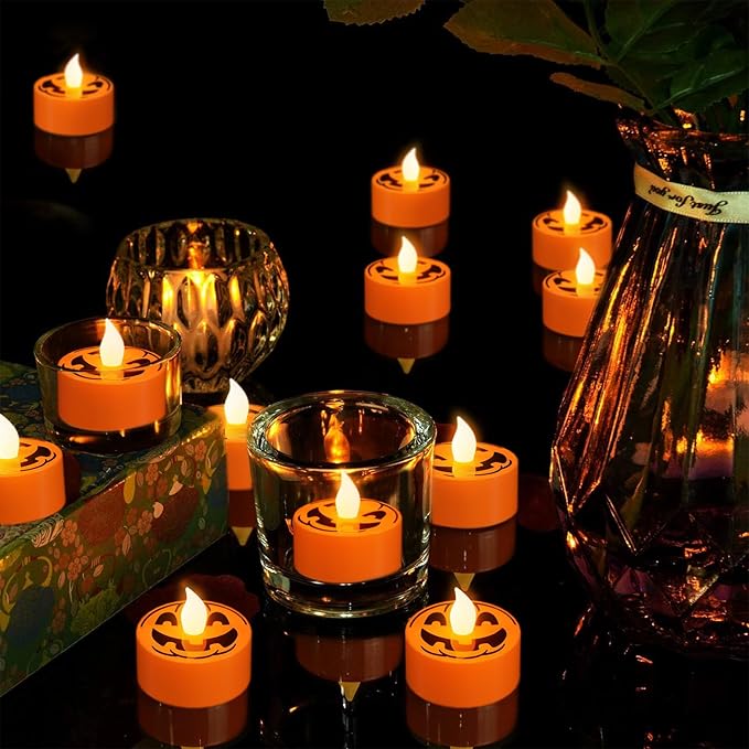 DRomance Halloween Flameless Votive Candles Battery Operated with 6H Timer, 12 Pack Spooky Face Decal LED Flickering Pumpkin Tea Lights Candles Fall Indoor Decoration(1.5" D x 1.4" H)