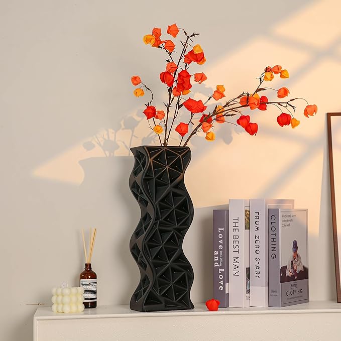 Modern Black Ceramic Tall Vase, 15.94" Large Vase for Living Room, Shelf, Table - Minimalist Twisted Design