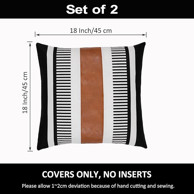 Pack of 2 Farmhouse Throw Pillow Covers for Couch Sofa Decorative Faux Leather Square Cushion Cover Tribal Stripe Accent Pillow Case 18 x 18 Inch,Black