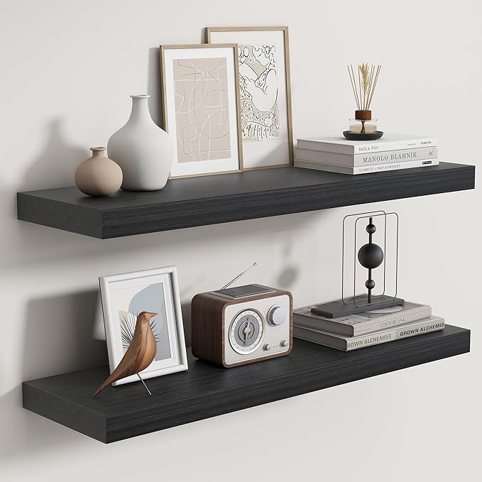 Fun Memories Rustic Floating Shelves for Home Decor, 8 Inch Deep Floating Shelf, Solid Wood Floating Wall Shelves 30 Inch Long, Deep Wall Shelves for Bathroom, Living Room, Black Finsh, Set of 2