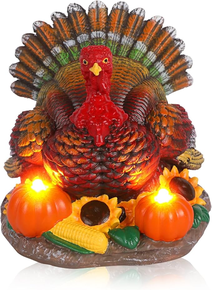 Thanksgiving Turkey Decorations Indoor Resin Turkey Figurines with 2 Pumpkin Electric Candlesticks Fall Harvest Table Decor for Home Office Shelf Kitchen - Thanksgiving Autumn Gift