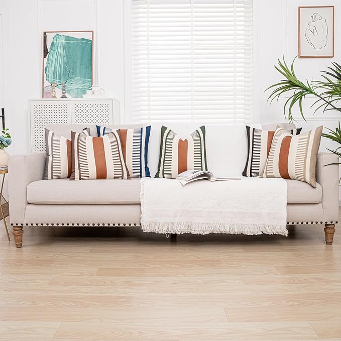 Farmhouse Decorative Throw Pillow Covers 18x18 Neutral Boho Cushion Cover Faux Leather Accent Pillowcase,Tan and Beige (Cover ONLY, Pack of 2)