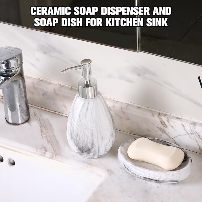 Ceramic Soap Dispenser and Soap Dish Set, Marbled Elegant Bathroom Decor with Non-Slip Base, Modern Hand Wash Bottle & Soap Tray for Bathroom Sink Countertop, Kitchen, Spa (White)
