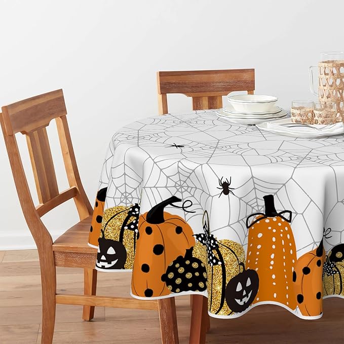 Horaldaily Halloween Tablecloth 90×90 Inch Round, Jack-O-Lantern Pumpkin Cobweb Scary Themed Washable Table Cover for Party Picnic Dinner Decor