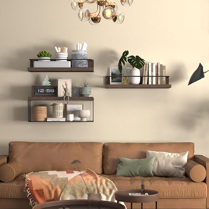 Bathroom Shelves Over Toilet for Wall, Floating Shelves with Storage Basket Paper Holer for Kitchen Living Room, Bedroom & Classroom, Set of 3 (Dark Brown)
