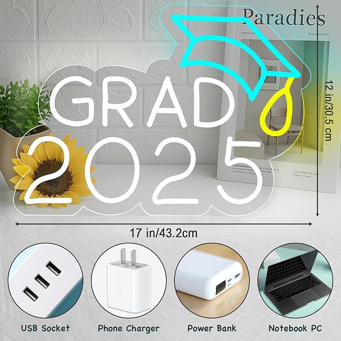 Congrats Grad Neon Sign with Cap, Graduation Decoration Class Of 2025, Congratulations LED Light Up Sign for Backdrop, Dimmable USB Powered with Switch, Graduation Season Party Backdrop Decor Gifts