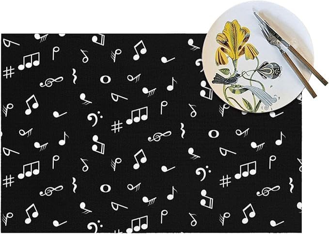 Music Notes Placemats Set of 4 Musicial Lover Dining Table Mats Washable Black Place Mats for Kitchen Dinner Parties Wedding Decorative Coffee Mat 12"x18"