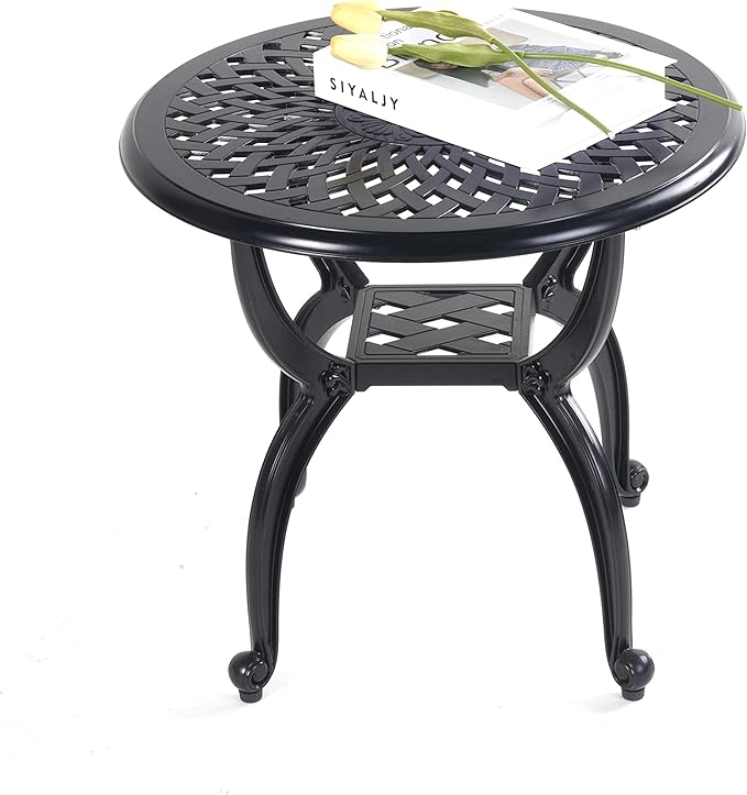 Mandolin Outdoor Patio,Rust -Resistant Cast Aluminum Side Table,Weather Resistant End Table,Coffee Table, Perfect for Patio, Backyard Or Garden.W 20.8" X H18.5(Aluminum Round, Black)
