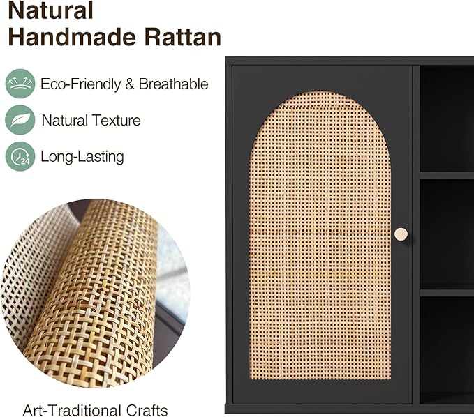 Rattan Bathroom Wall Cabinet, Boho Medicine Wall Cabinets with Door and Adjustable Shelves, Tall Kitchen Wall Mounted Storage Cabinet, Floating Hanging Cabinet Space Saver for Laundry Room,Black