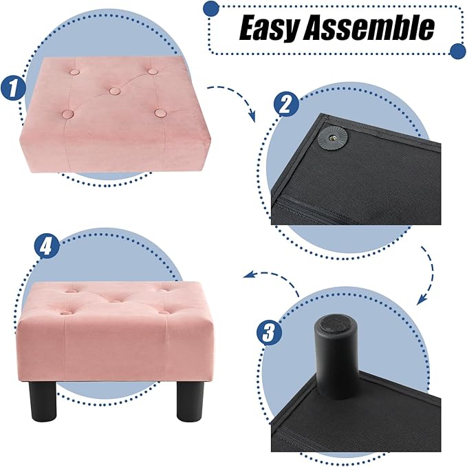 BRIAN & DANY Small Foot Stool, Velvet Foot Stools with Legs, Stable Small Footstool for Living Room, Pink