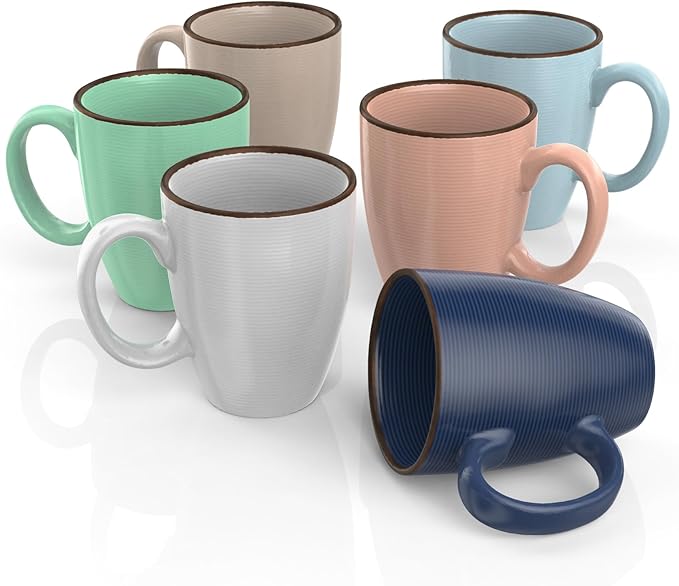 Set of 6 12oz Designer Ribbed Style Colorful Ceramic Coffee Mugs, Coffee Cups Gift Set for Coffee, Tea, Cocoa and More. Dishwasher and Microwave Safe.