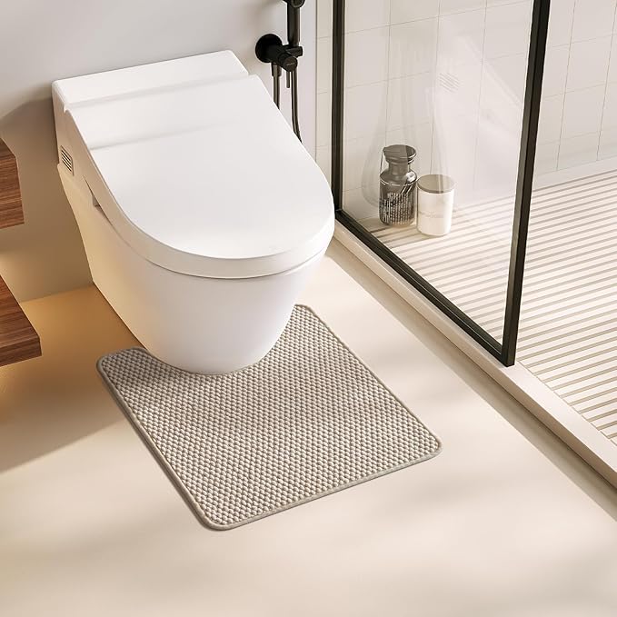 Chenille Bath Mat, Super Absorbent Non Slip Thin, Quick Dry U-Shaped, Beige 20x24